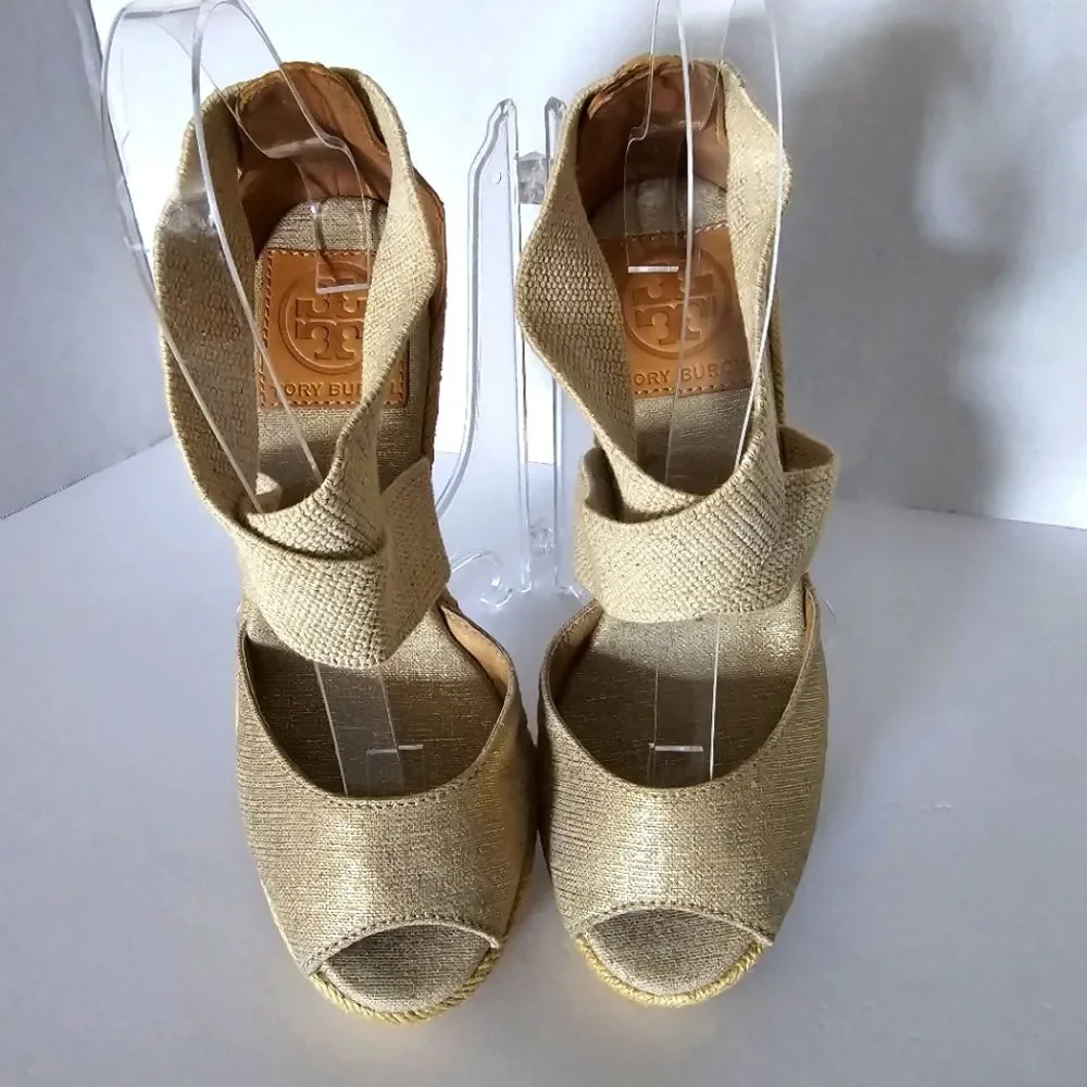 Tory Burch Kate Linen Espadrille Natural Gold Wedge Size 6